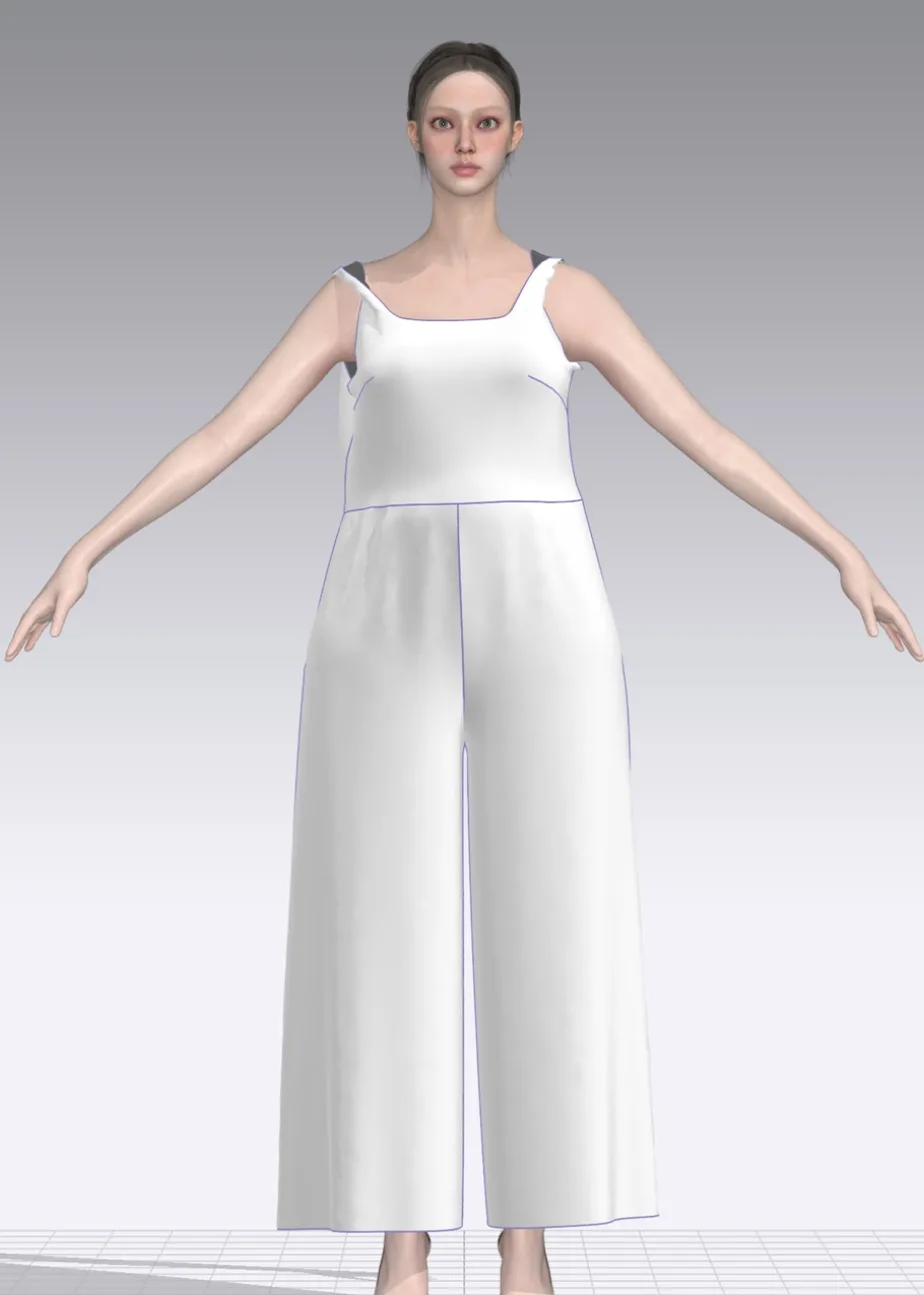 Palma jumpsuit fitted on a 3D body, front view, showing the square neck, darted bodice and wide legs