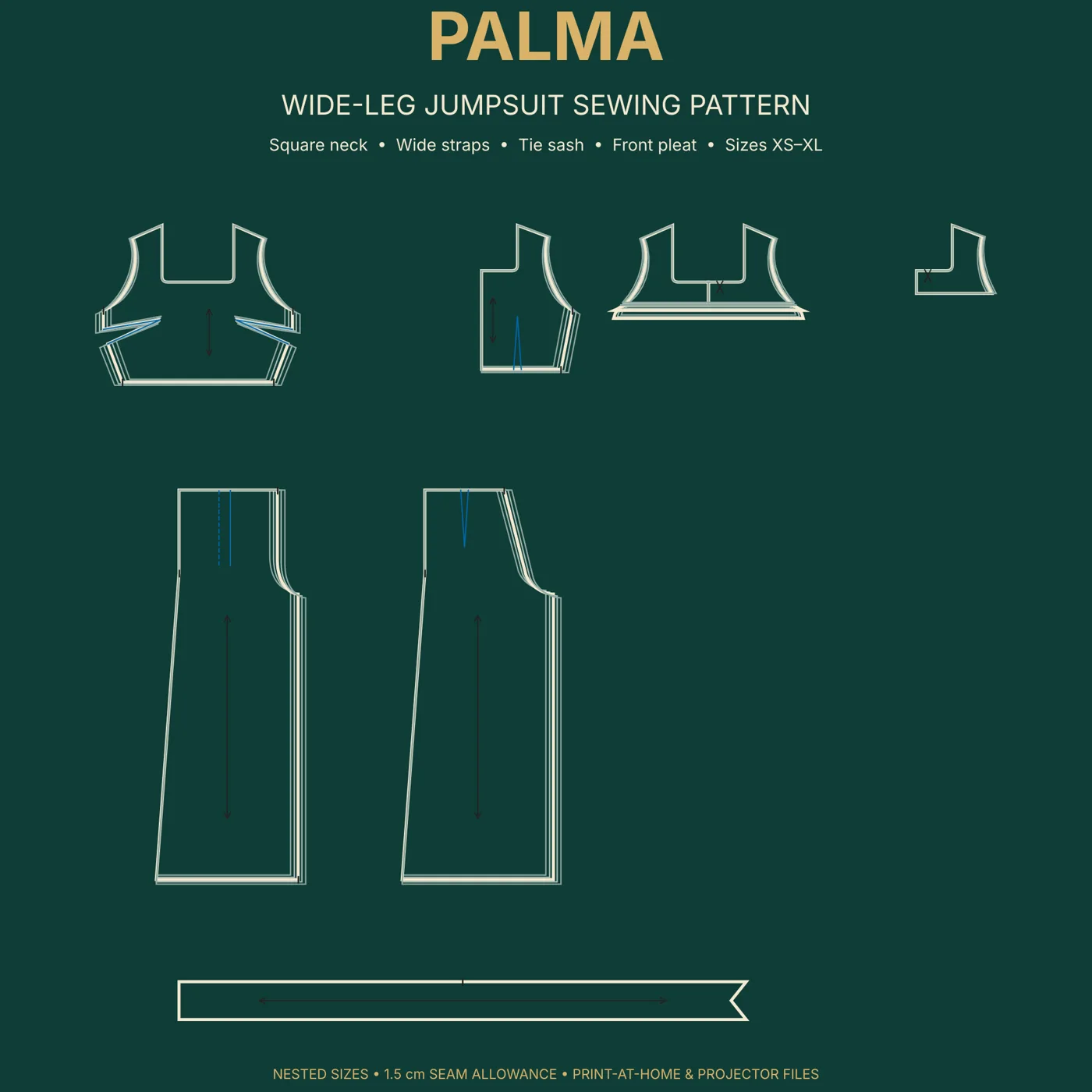 Palma pattern pieces in nested sizes: front and back bodice, front and back leg, facings and tie sash